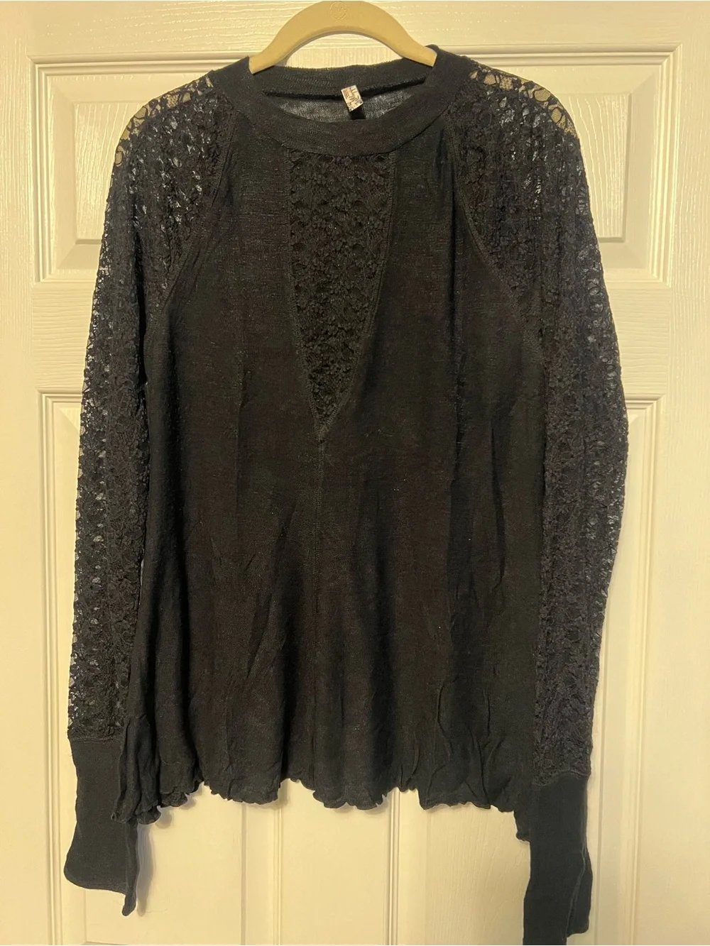 Free People Black Lace Inset Long Sleeve Top